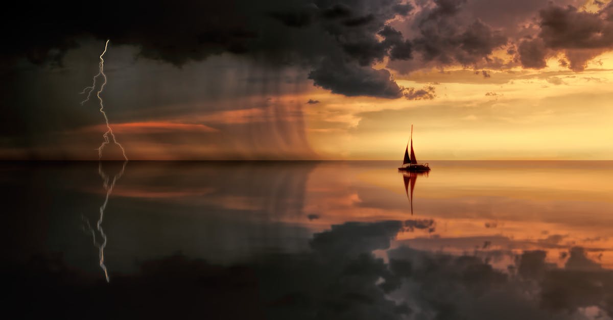 A striking seascape featuring a sailboat, lightning, and storm clouds at sunset.