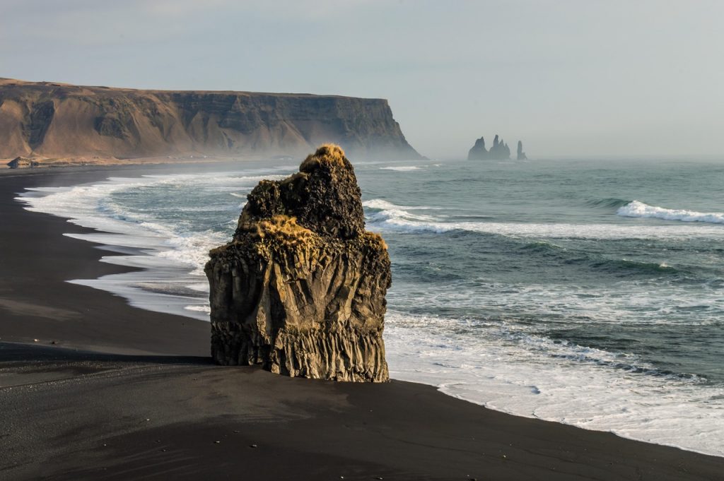 beach, cliff, rock, mist, fog, sea, ocean, rock formation, waves, coast, seashore, sand, black sand, sea stacks, nature, scenery, scenic, reynisdrangar, vík, reynisfjara, reynisfjall, iceland, cliff, reynisfjara, iceland, iceland, iceland, iceland, iceland