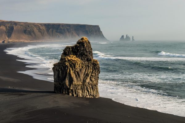 beach, cliff, rock, mist, fog, sea, ocean, rock formation, waves, coast, seashore, sand, black sand, sea stacks, nature, scenery, scenic, reynisdrangar, vík, reynisfjara, reynisfjall, iceland, cliff, reynisfjara, iceland, iceland, iceland, iceland, iceland