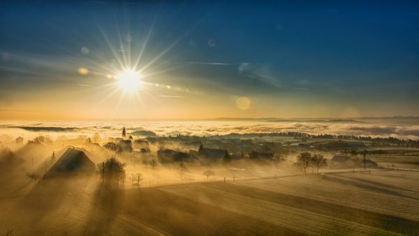 village, sunlight, fields, town, townscape, fog, landscape, nature, foggy, haze, misty, sunrise, morning fog, horizon, sunrise, sunrise, sunrise, sunrise, sunrise