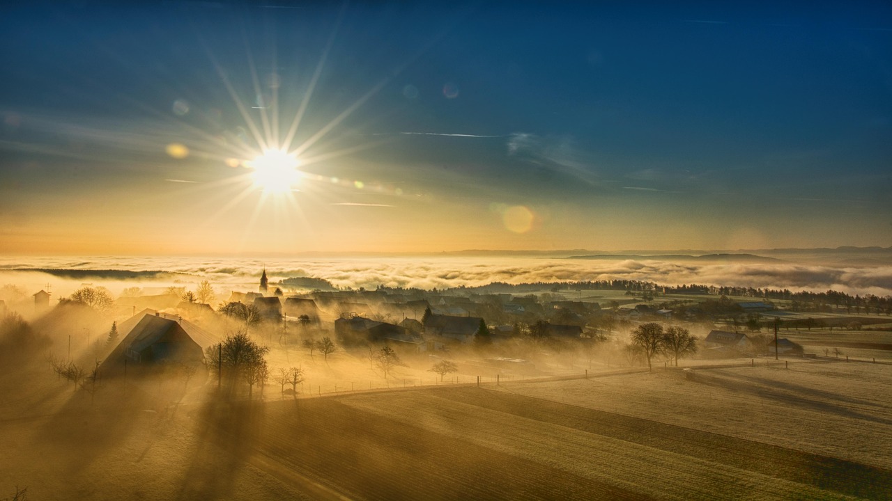 village, sunlight, fields, town, townscape, fog, landscape, nature, foggy, haze, misty, sunrise, morning fog, horizon, sunrise, sunrise, sunrise, sunrise, sunrise